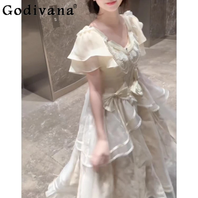 Summer Japanese Lolita Princess Dress Women Waist Cinching Heavy Craft Slimming Dress Female New Birthday Party Long Dress