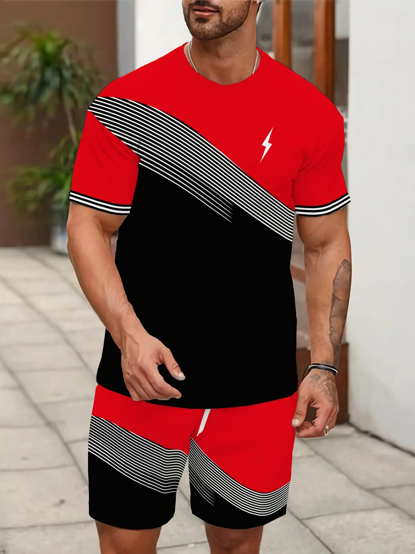 

Мужской повседневный комплект спортивной одежды, футболка и шорты из полиэфирного волокна с 3D принтом и молнией, круглый вырез, полосатый узор
