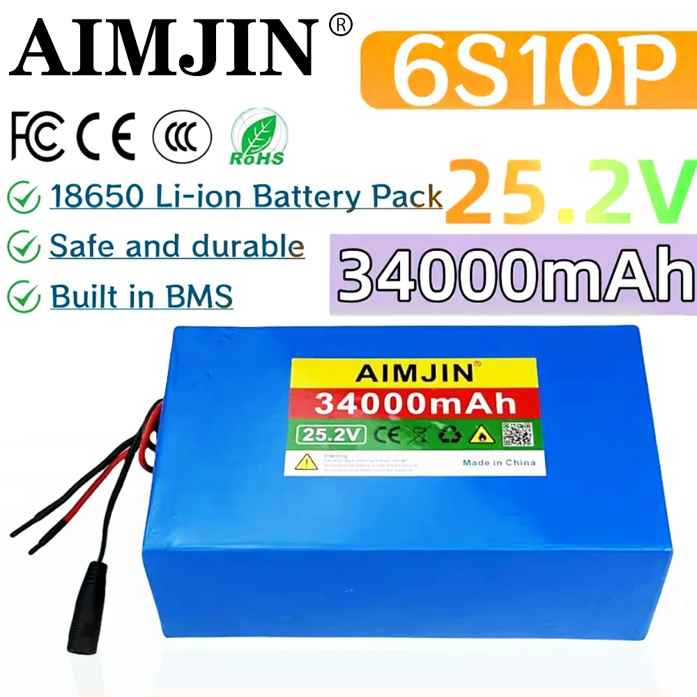 18650 bateria de lítio recarregável 6S10P 25.2V 34000mAh com BMS para bicicletas, equipamentos de monitoramento médico
