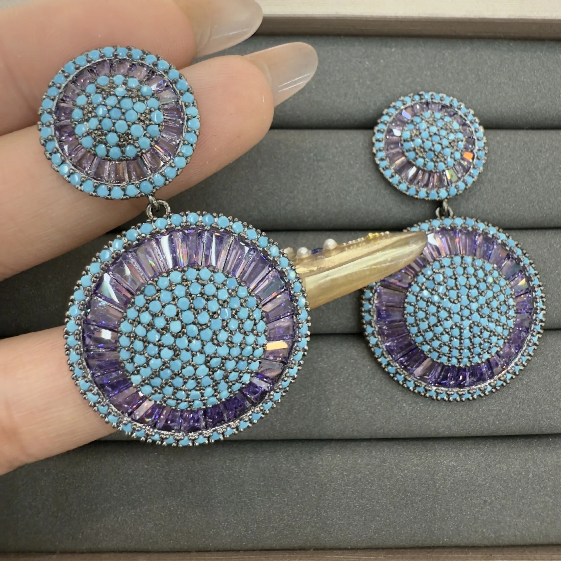 

earrings and ring for women luxury jewelry shiny zircon blue purple white multicolor round dangling earrings opening ring