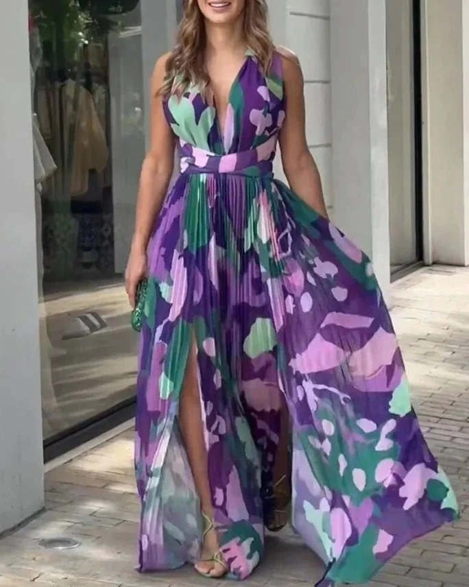 

Women's Dress Elegant Fashion Casual Summer Holiday All Over Print Tied Detail Backless High Waist Ruched Slit Maxi Dress