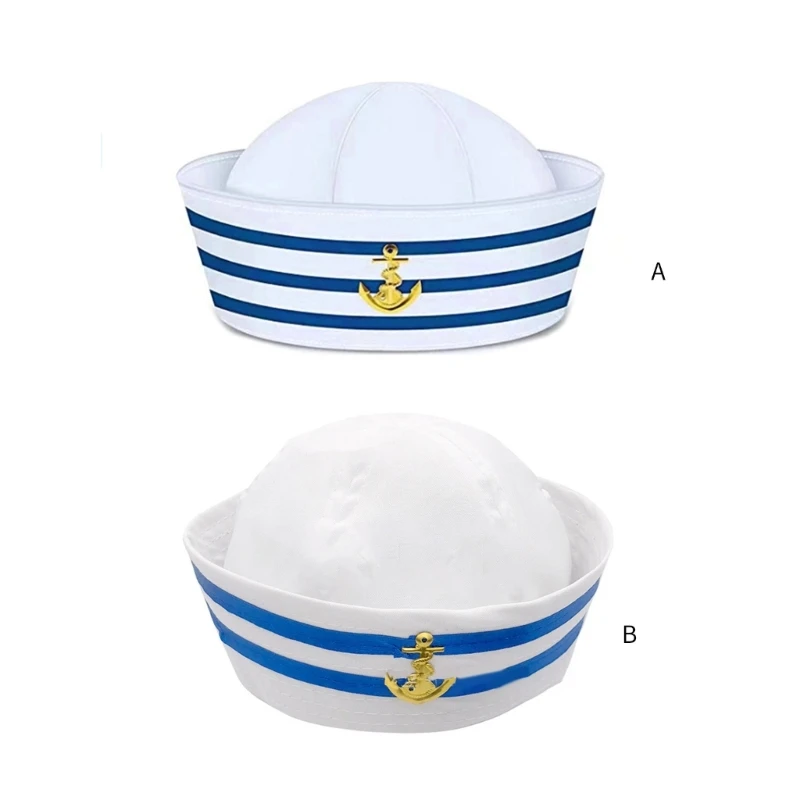 Sweet Girls Hat with Roll-up Brim Seafaring Hat with White&Blue Stripe Adult Teens Halloween Cosplay Hat