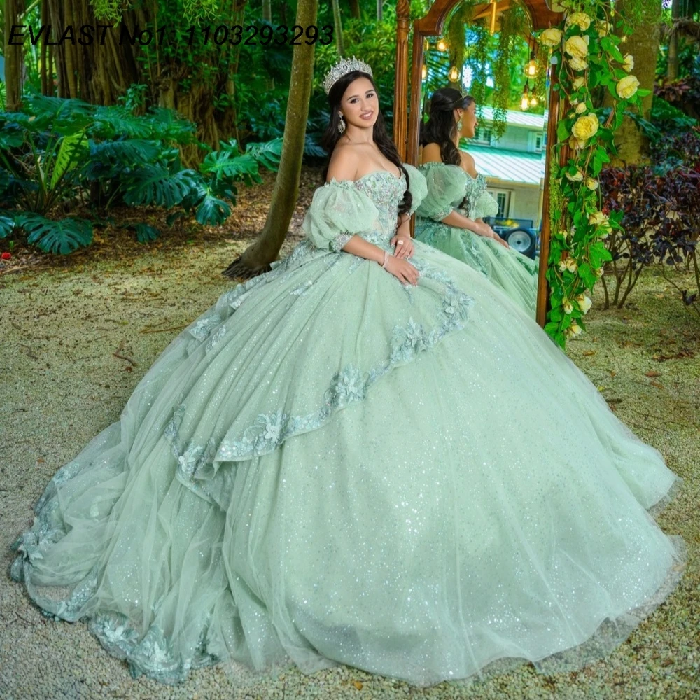 

EVLAST индивидуальное мексиканское мятное бальное платье Quinceanera платье с блестками и кружевной аппликацией из бисера Sweet 16, Vestidos De 15 Anos E1QN205