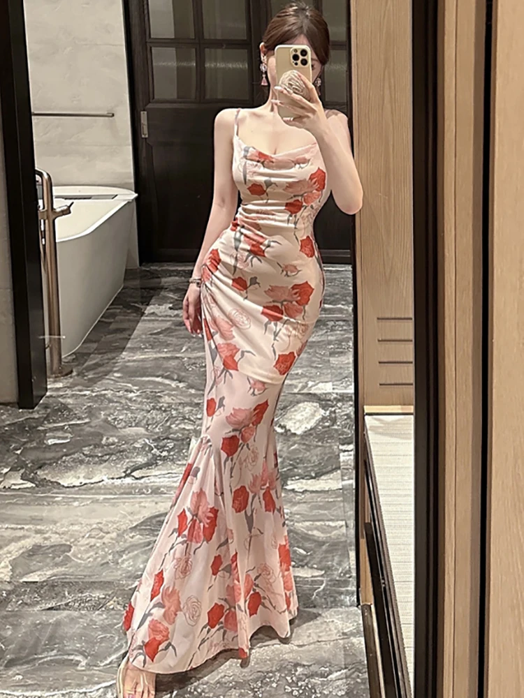 Women Boho Floral Mesh Chic Ruffled Mermaid Dress Summer Elegant Bodycon Sling Sexy Dress 2025 Korean Fashion Luxury Party Dress