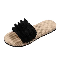 Ladies Fashion Summer Solid Color Tassel Fabric Face Open Toe Flat Bottom Grass Woven Womens Spa Slippers with Arch Support