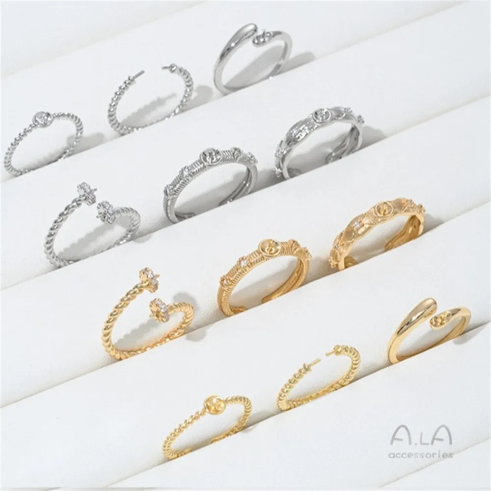14K Gold-plated Zirconium-encrusted Semi-hole Bead Set Ring, Open Ring Ring, Diy Hand-adhered Pearl Handcrafted Ring Accessory