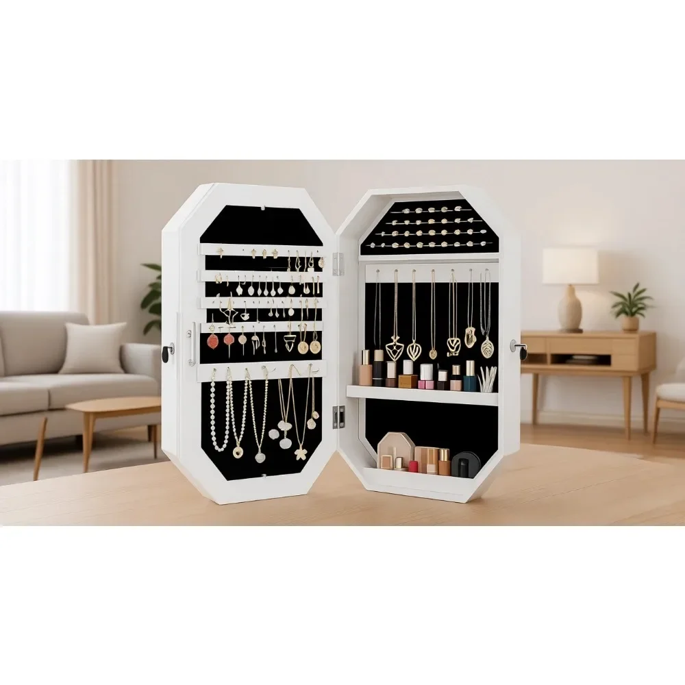 Modern Diamond-Shaped Lockable Jewelry Cabinet Organizer with Mirror, Wall-Mounted for Space Efficiency