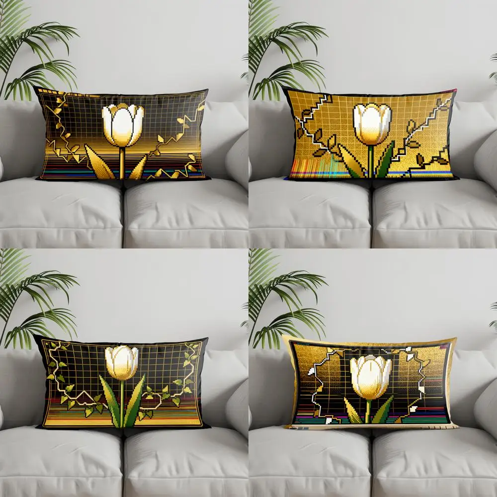 

Чехол для подушки 2D в стиле ретро с золотым тюльпаном, подходит для дивана, спальни, автомобиля, прямоугольная подушка для спины