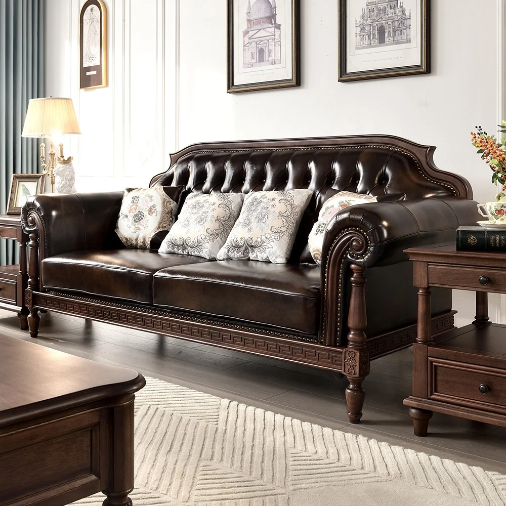 #Traditional Leather Sofa Brown Oil Wax Leather Tufted Backrest Nailhead Trim Carved Wood Frame Classic Living Room Furniture