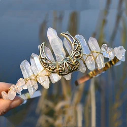 Gothic Natural Crystal Moon Hair Accessories Women Raw Quartz Tiara Wicca Witch Headdress Bridal Headwear Crown Fashion Jewelry