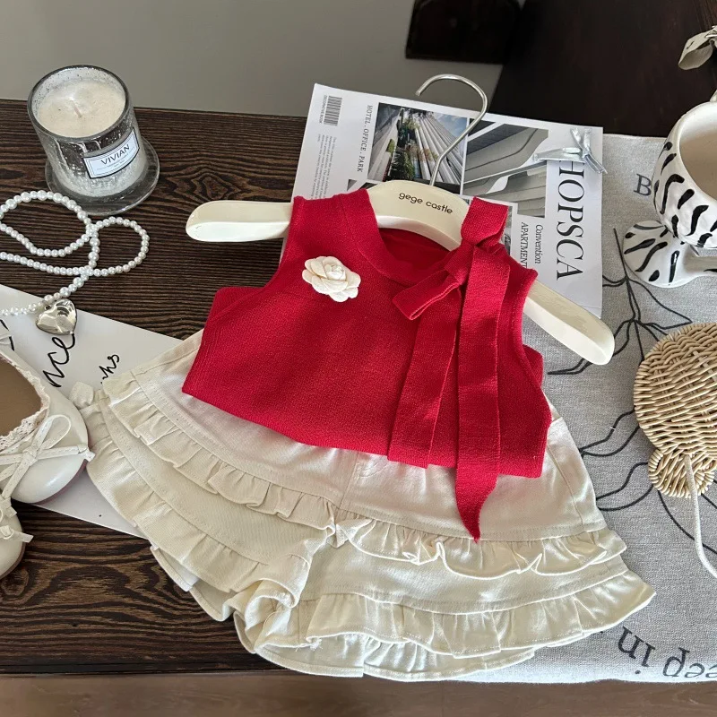 

Girls Set 2025 Summer New Childrens Clothes Korean Style Baby Girl Fashion Knit Vest Wooden Ear Side Shorts Two-piece Set