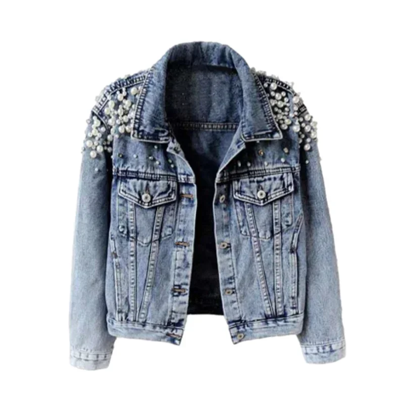 Women Fashion Beaded Decoration Jacket Spring Autumn Casual Commuter Denim Coat Female Lapel Single-breasted Cardigan Outerwear
