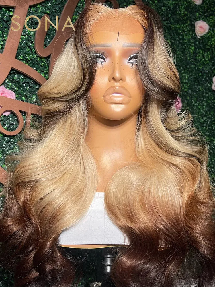 Perruque Lace Front Wig naturelle ondulée, cheveux humains, couleur blond miel 613 avec reflets bruns, 13x6 HD