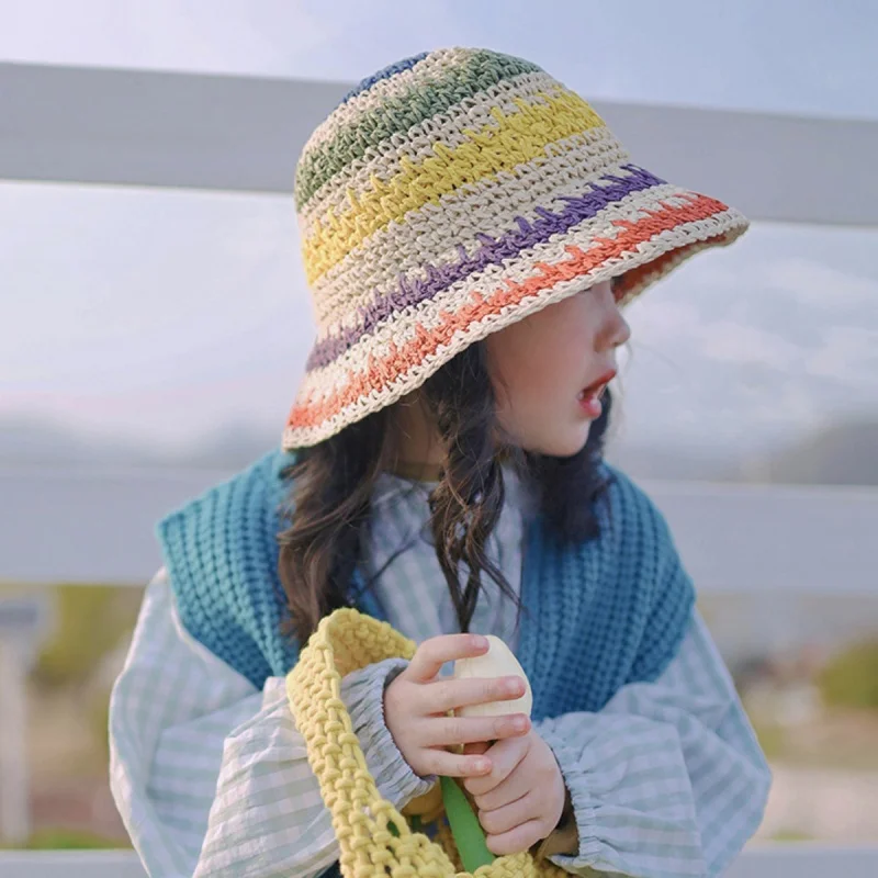 Summer Baby Girls Beach Sun Hats for Kids Sunscreen Crochet Straw Rainbow Hat Outdoor Visor Hats Children Fisherman Cap