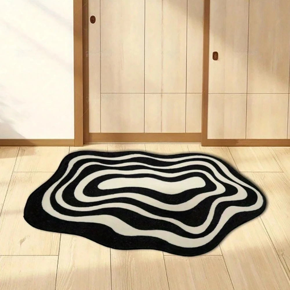 

Modern Black White Abstract Wave Pattern Area Rug Soft Hand Washable Non-Slip Diatom Mud Mat For Living Room Or Bedroom Decor