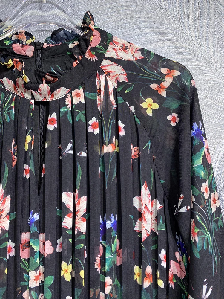 DLDENGHAN Autumn Long Dress Women\'s O-Neck Lantern Sleeve Bow Floral Print Vintage Pleated Dresses Fashion Designer New