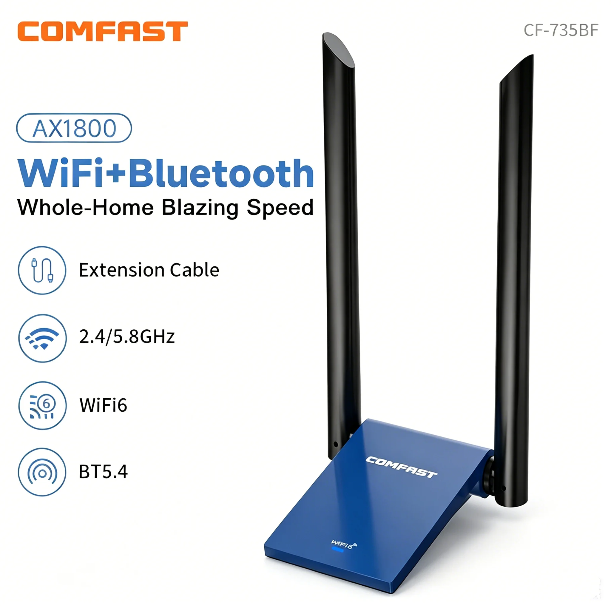 COMFAST CF-731B 572Mbps WiFi 6 Bluetooth 5.4 USB Adapter Dual Band 2.4G/5.8G WiFi Receiver Transmitter for PC Laptop Desktop