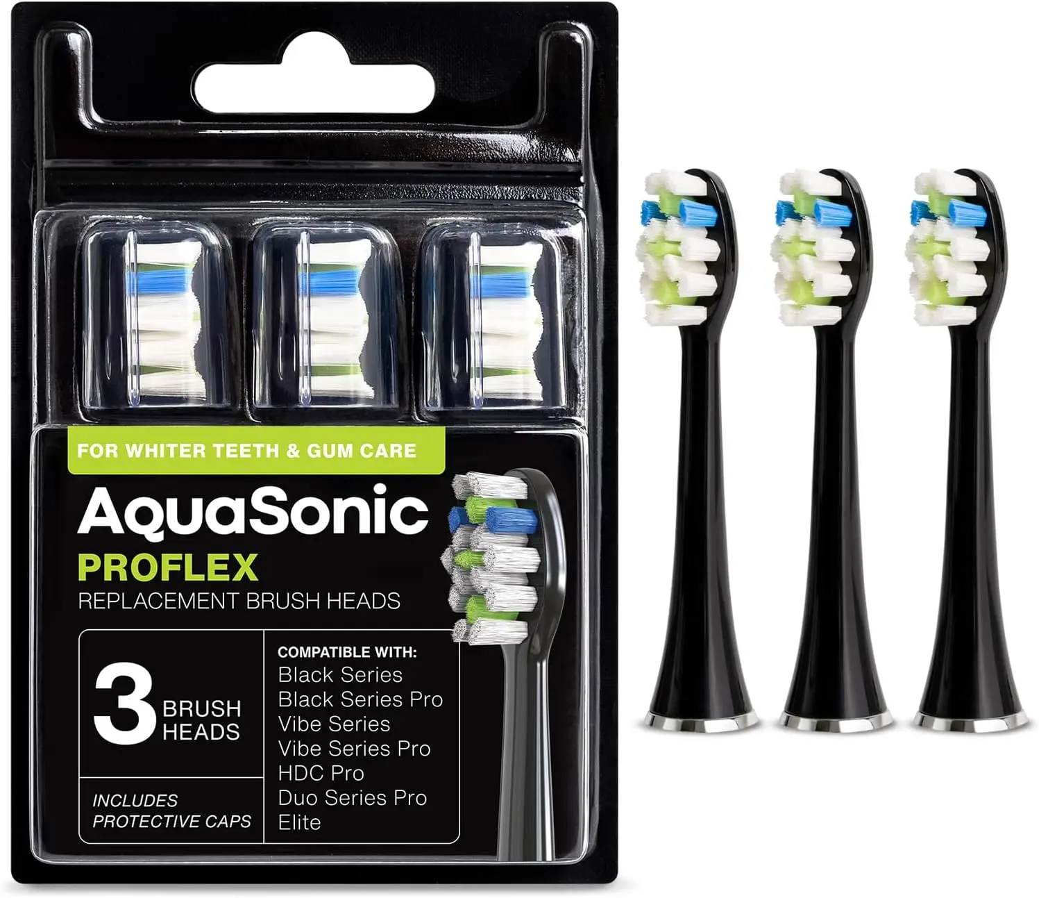 Genuine Replacement Brush Heads for AquaSonic Toothbrushes, ADA Accepted, Promotes Whiter Teeth & Gum Health (3 Pack Black)
