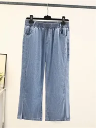 Grote Maat Dameskleding Denim Elastische Taille Zomer Dunne Gewassen Jeans Vette Broek Met Wijde Pijpen Voor Zwaarlijvige Dameskleding