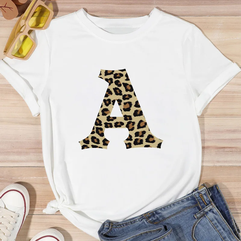 European and American Personality Leopard Print Letter Printed T-shirt Women's Summer Casual Crew Neck Short Sleeve Shirt Tops