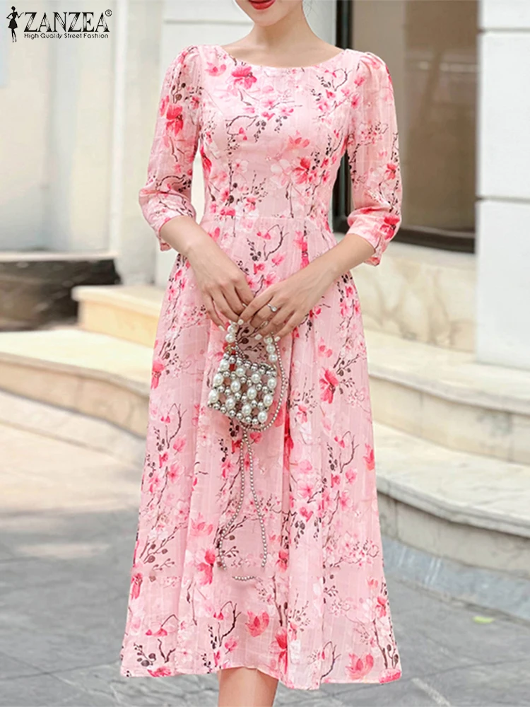 

Floral Printed Dress Women Elegant High Waist Sundress Fashion 3/4 Sleeve O Neck Vestidos Casual A-Line Midi Robe ZANZEA 2025