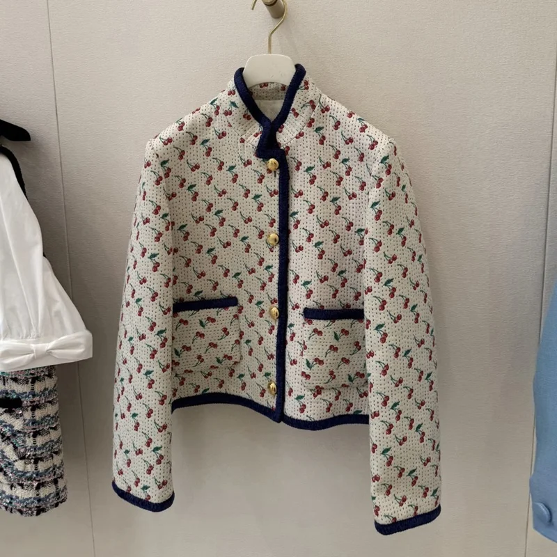 

Retro Roman Holiday Cherry Blossom Cotton Suit Jacket Vintage Style Ladylike Coat Long Sleeve Collar Button up Winter Wear