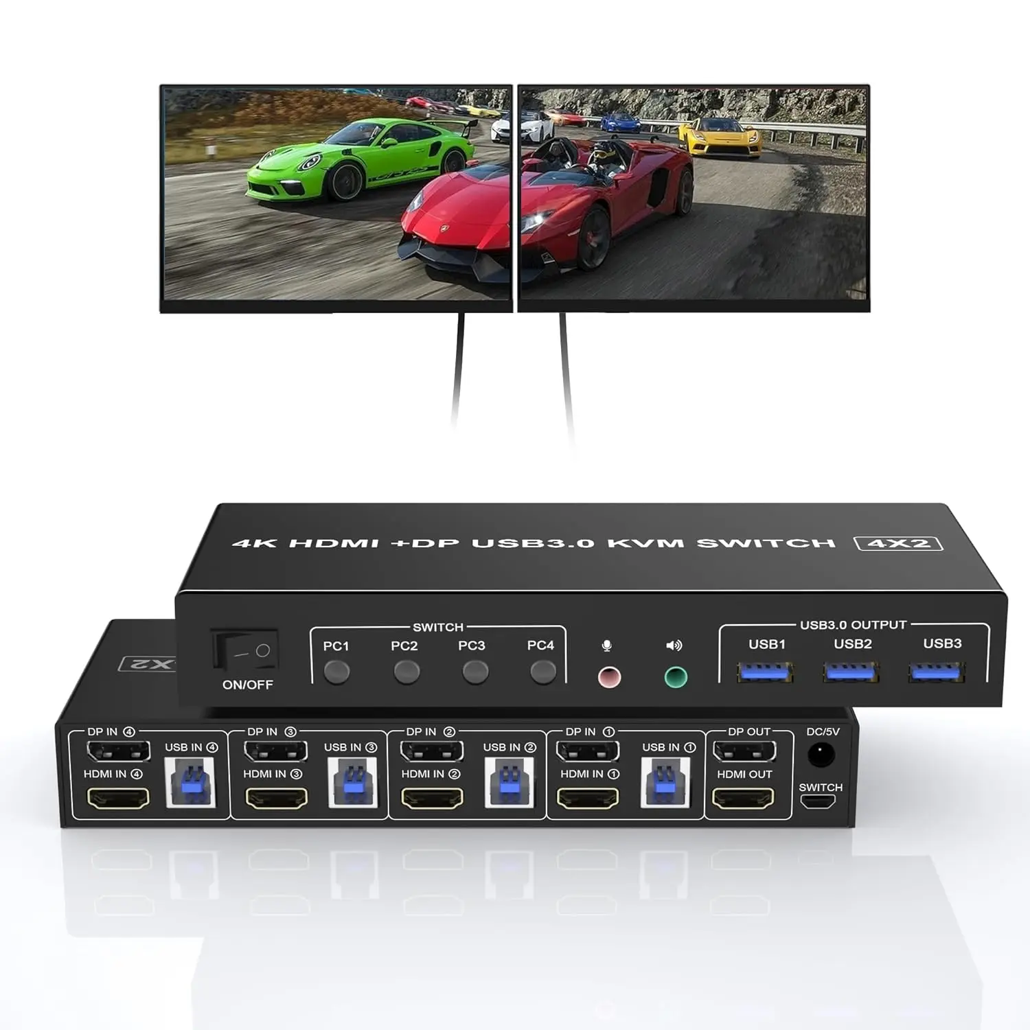 USB 3.0 KVM Switch 2 Monitors 4 Computers Displayport and HDMI 4K 60Hz HDMI+DP Monitor Switch for 4 PCs 2 Monitors