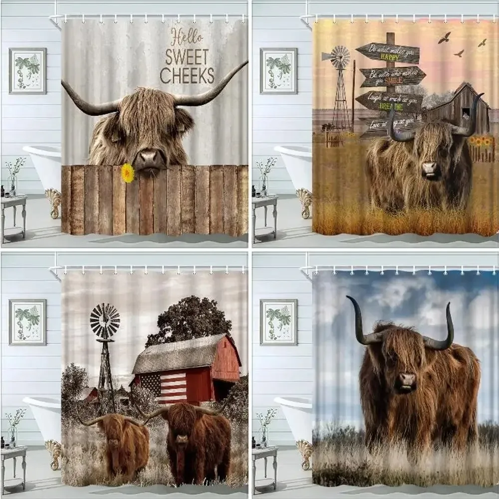 

Funny Highland Bull Shower Curtains Set Western Bull Portrait Brown Wood Panel Rustic Landscape Barn Bath Curtain Bathroom Decor