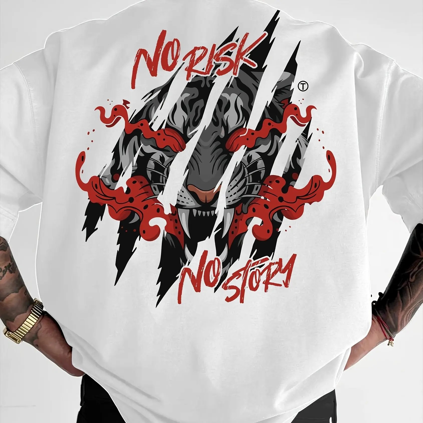 'No Risk, No Story' Men's Fashionable Printed Street Casual T-shirt, Comfortable Round Neck T-shirt for Spring and Summer Tops.