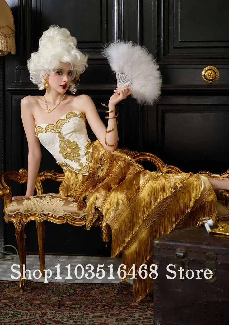 Aangepaste gember gele vintage Victoriaanse avondjurk geborduurd strapless korset franje zoom speciale gelegenheid baljurk