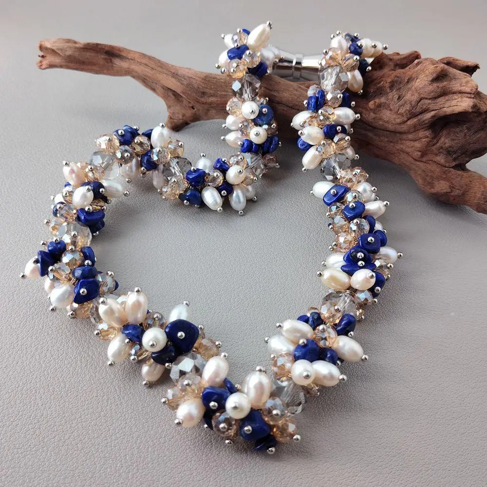 

Y·YING Cultured White Rice Pearl Lapis Crystal Beaded Necklace Women Strand Collar Necklaces Jewelry