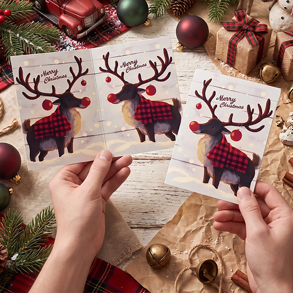 12 pcs Christmas cards, vintage reindeer snowman cards, Christmas Eve greetings, holiday gifts, message cards
