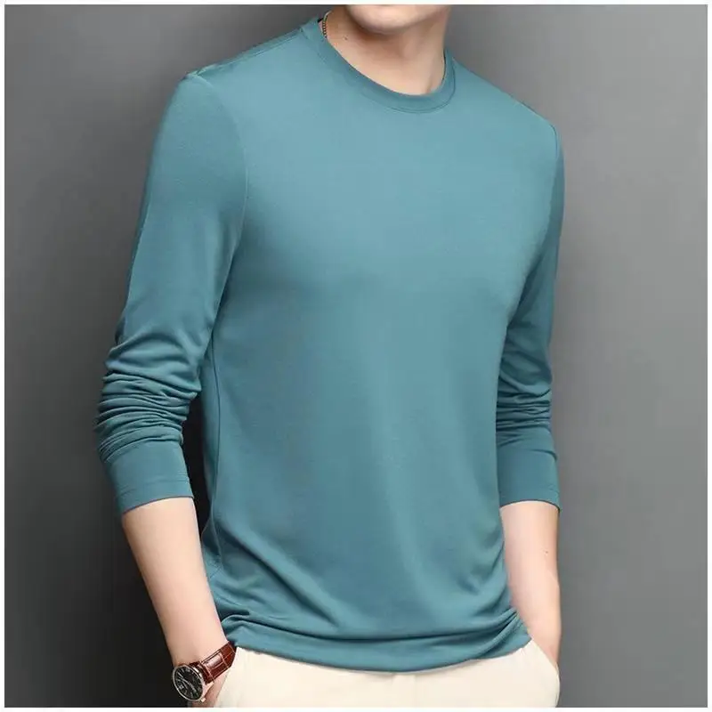 Stylish Classic ONeck Long Sleeve Men\'s Cotton Spring autumn Silk smooth shirts and blouses plus size tops Luxury t-shirt