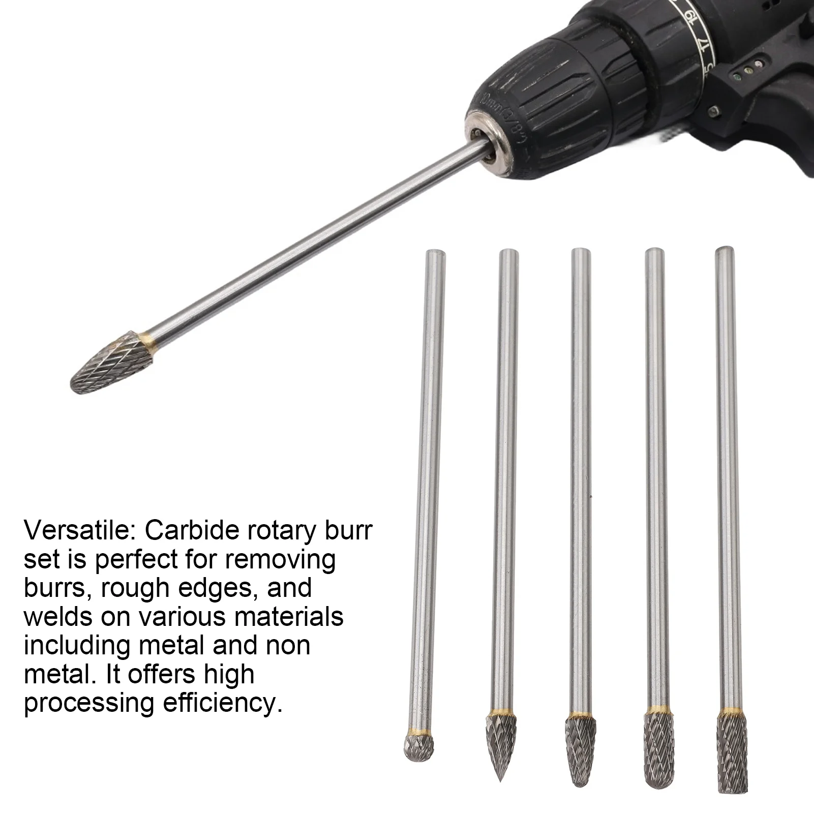 5pcs Rotary Tool Carbide Burr Set 150mm Double Grain Long Handle Alloy Impeller Polishing Tool for Chamfering Grinding Engraving