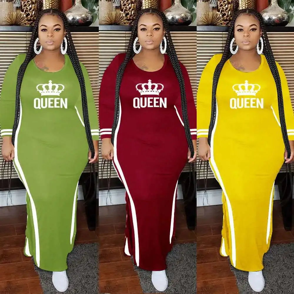

Autumn and Winter Crown Round Neck Long Skirt Plus Size Women's Long Sleeved Striped Color Blocked Dress Elegantes Casual Y2k