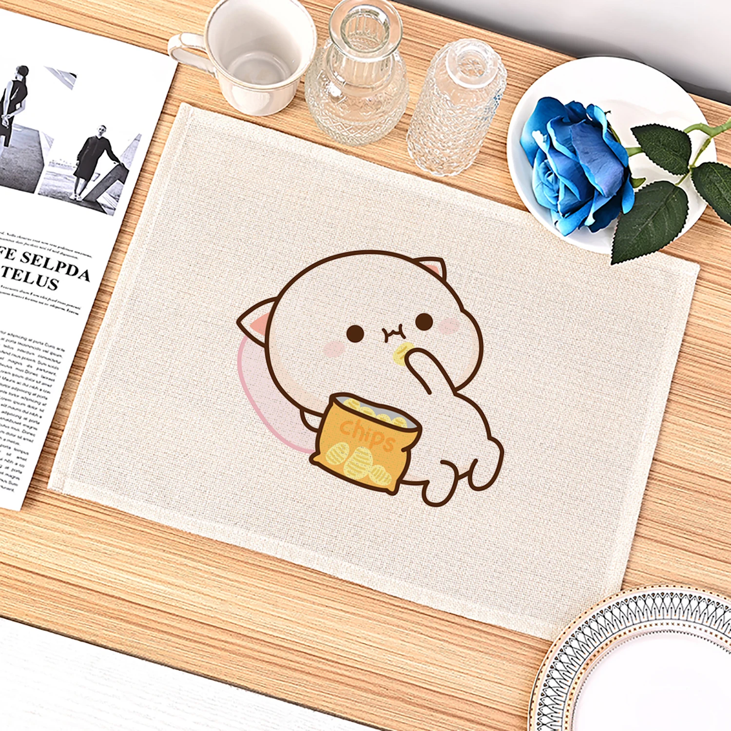 Peach and Goma Cartoon Funny Cute Placemats Kitchen Placemats Mocha Mochi Peach Cat Coasters Linen Mats Coffee Cups Table Mats