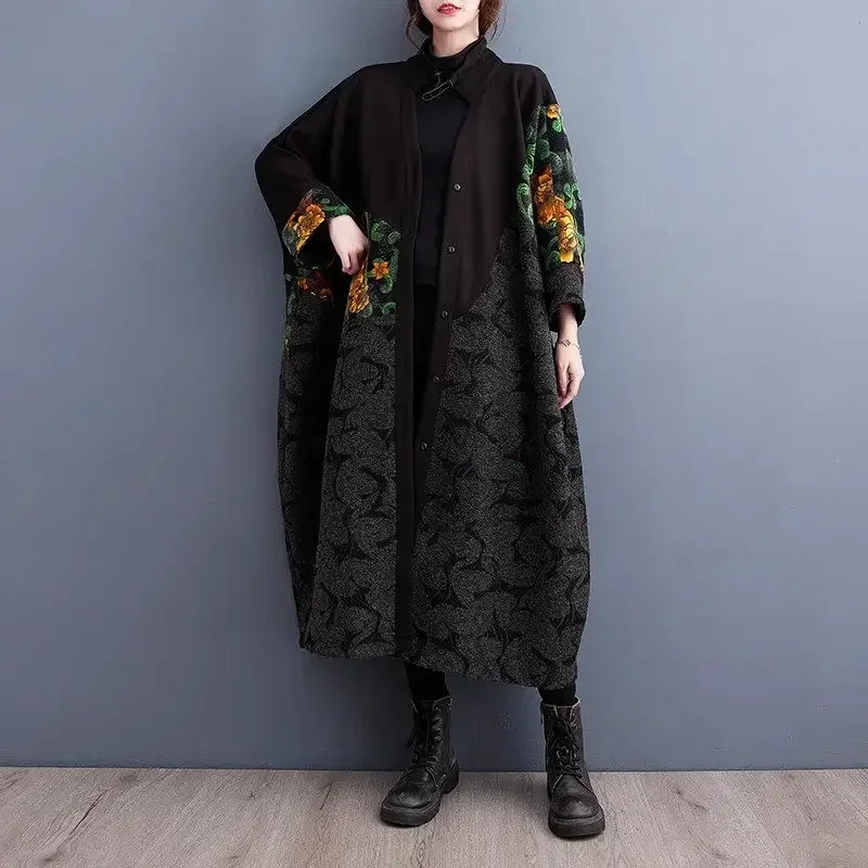 Extra Large Size Korean Printed Loose Sleeved Trench Coat 2024 Autumn Lazy Irregular Long Women Retro Printed Windbreker B862