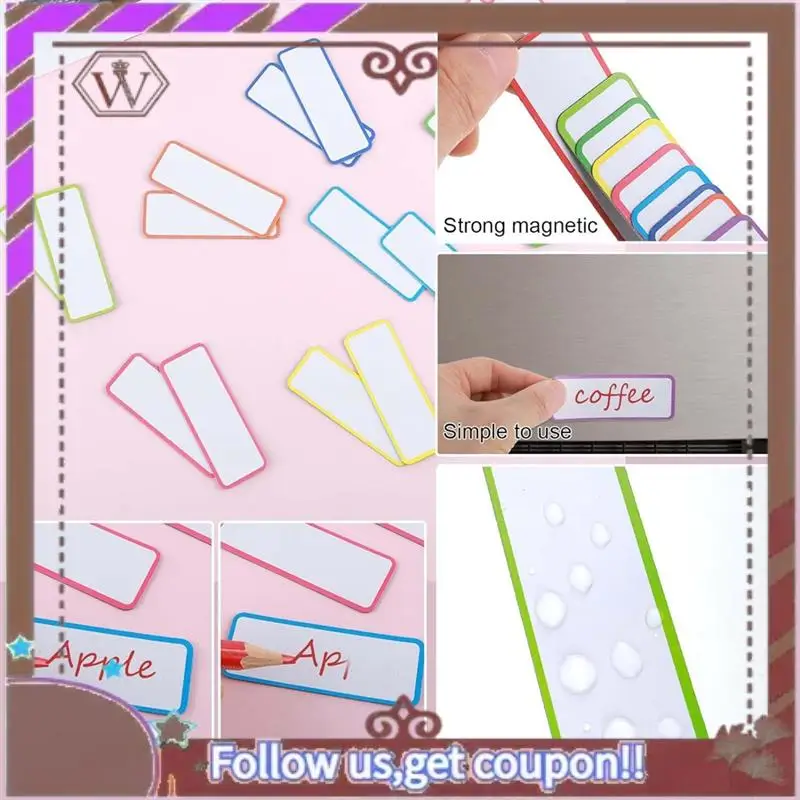 ABBG-54 Pcs 자기 건조 지우기 라벨 재사용 가능한 스트립 교실 이름 태그 쓰기 가능한 빈 자석 카드 지울 수있는 냉장고 메모