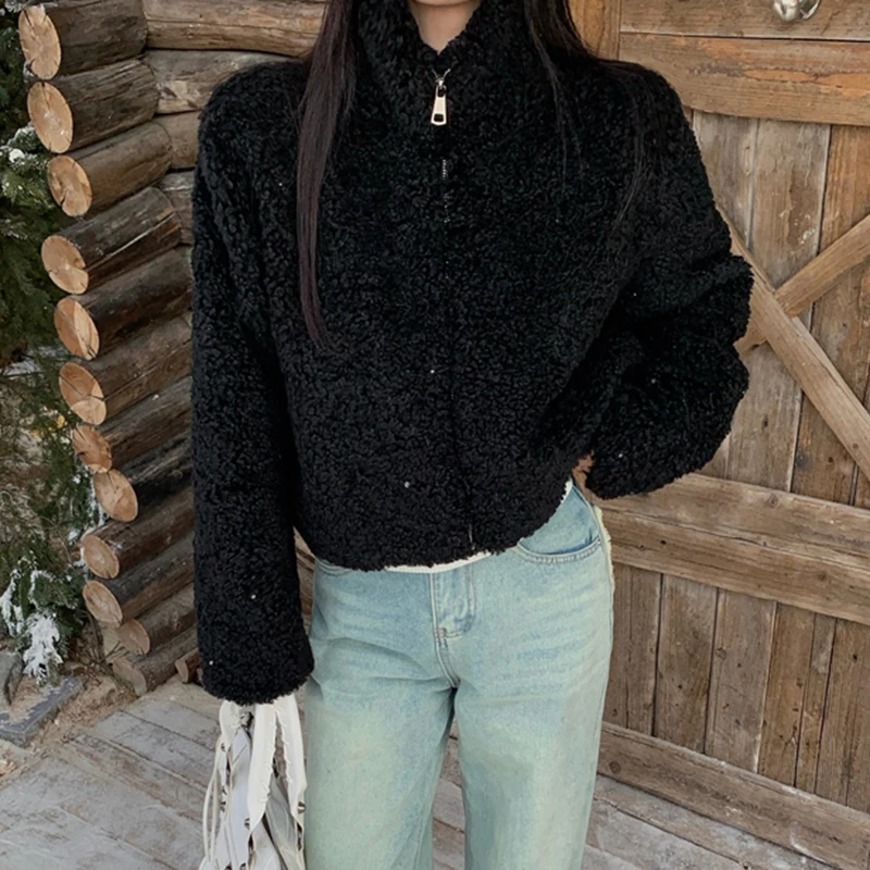 

Korean Fashion Crop Jacket Women Stand Collar Zipper Long Sleeve Casual Coats Autumn Winter Thick Warm Office Lady Short Outwear