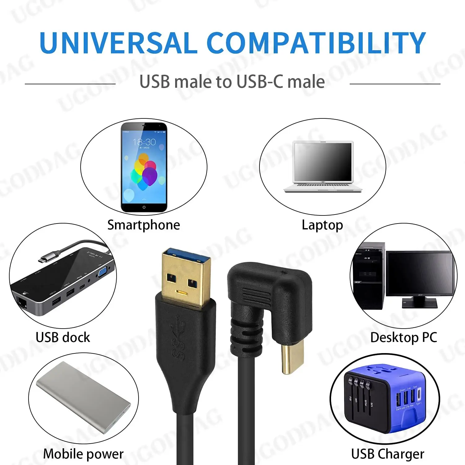 3A USB 3.0 A Male to USB C 3.1 Male 180 Degree U Shape Fast Charging Charger Cable Cord for Samsung Charger 20cm 5Gbps Gold