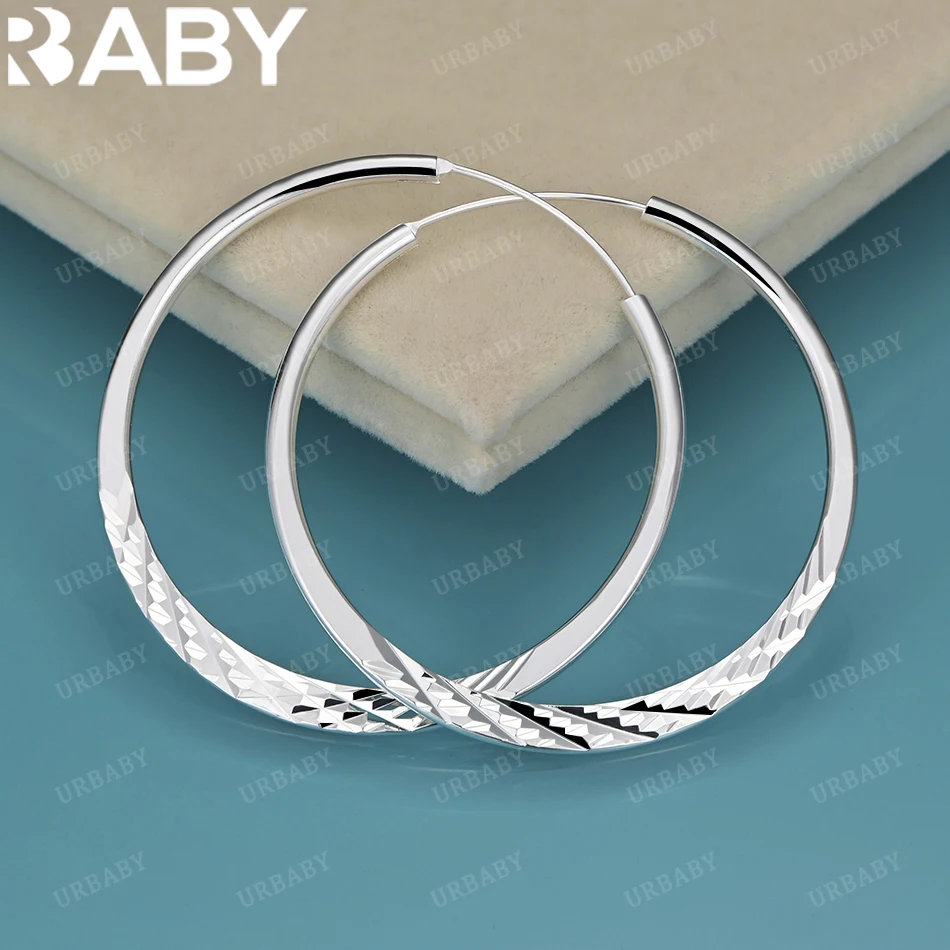 

URBABY 925 Sterling Silver 40-50mm Diamond Ripples Hoop Earrings For Women Wedding Engagement Party Fashion Charm Jewelry Gift