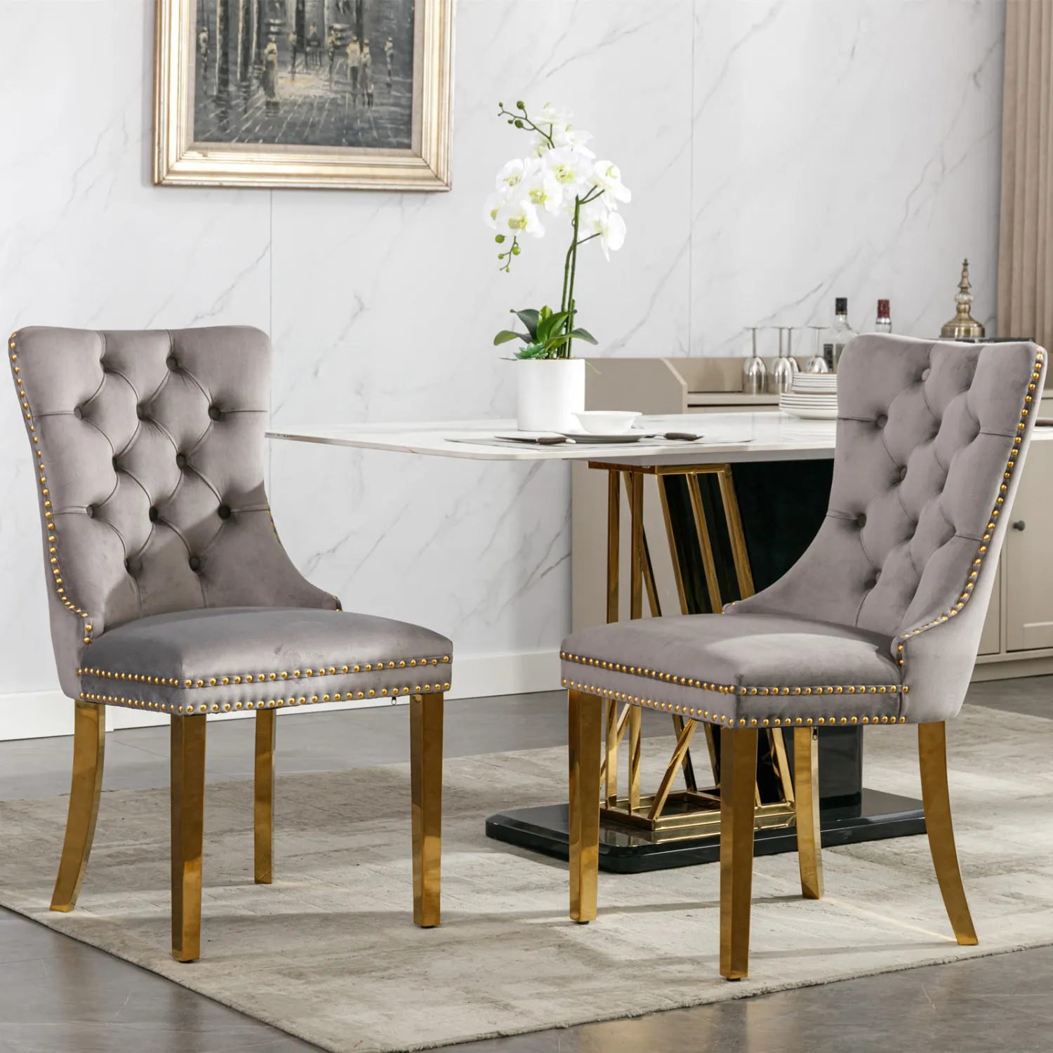 

Nikki Collection Modern, High-end Tufted Solid Wood Contemporary Velvet Upholstered Dining Chair with Golden Stainless Steel Pla