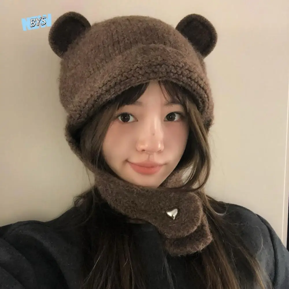 

Kawaii Cute Bear Ear Knitted Cap Y2k Sweet Warm Beanie Hats Winter Autumn Soft Ear Protection Cap Outdoor