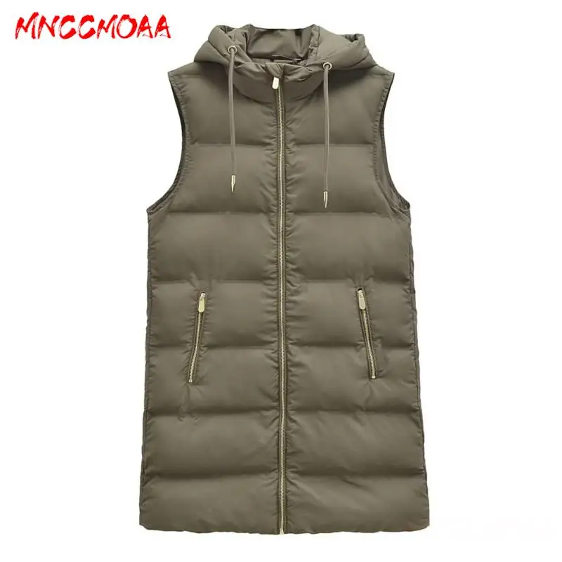 MNCCMOAA 2023 Winter Women Fashion Hooded Zip Parkas Vest Waistcoat Coat Female Solid Color Casual Sleeveless Pockets Tank Top