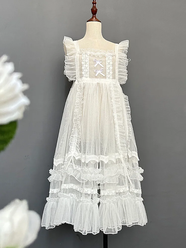 Dophee Originale Elegante Abito con Bretella in Pizzo Nuova Estate Super Fata Abito in Maglia Scava Fuori Increspature Garza Overskirt Lolita Grembiuli
