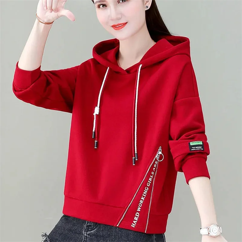 

Spring Autumn Short Casual Hoodie 2024New Drawstring Hooded Loose Women's Clothes Top Solid Colour Fashion Pullover Hoody Female