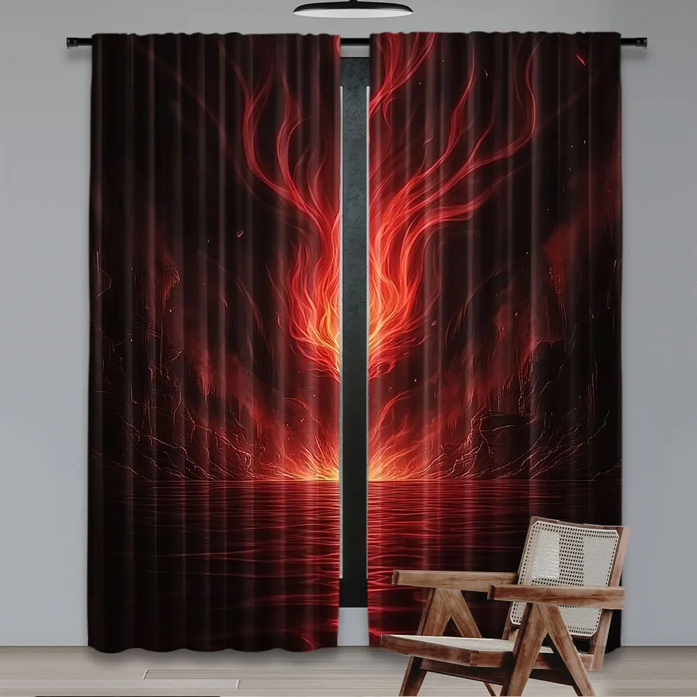 2Pcs Red Flame Curtains Aesthetic Art Curtains Burning Flame Curtains Suitable For Dormitories Living Rooms Bedrooms A