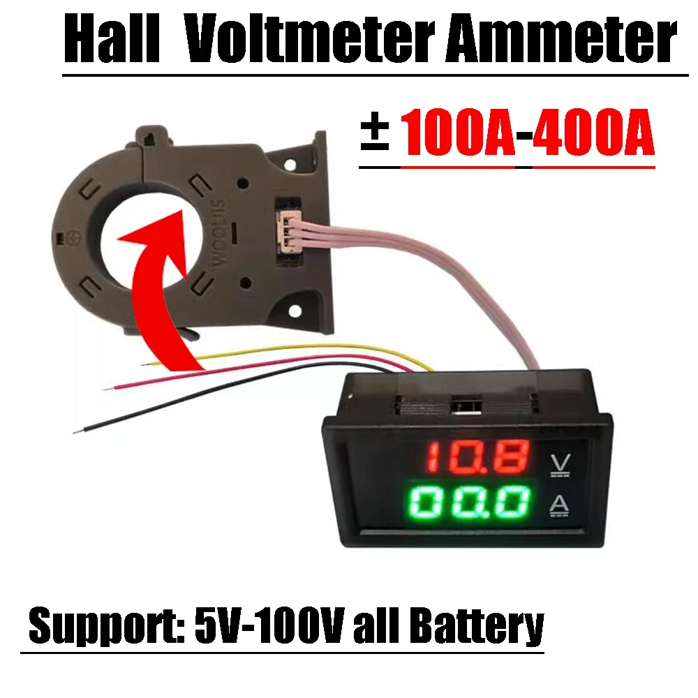 100A 400A Hall Voltmeter Ammeter Isolated Current Tester LED Digital Voltage Meter For DC 12V 24V 36V 48V 60V BMS CAR Battery