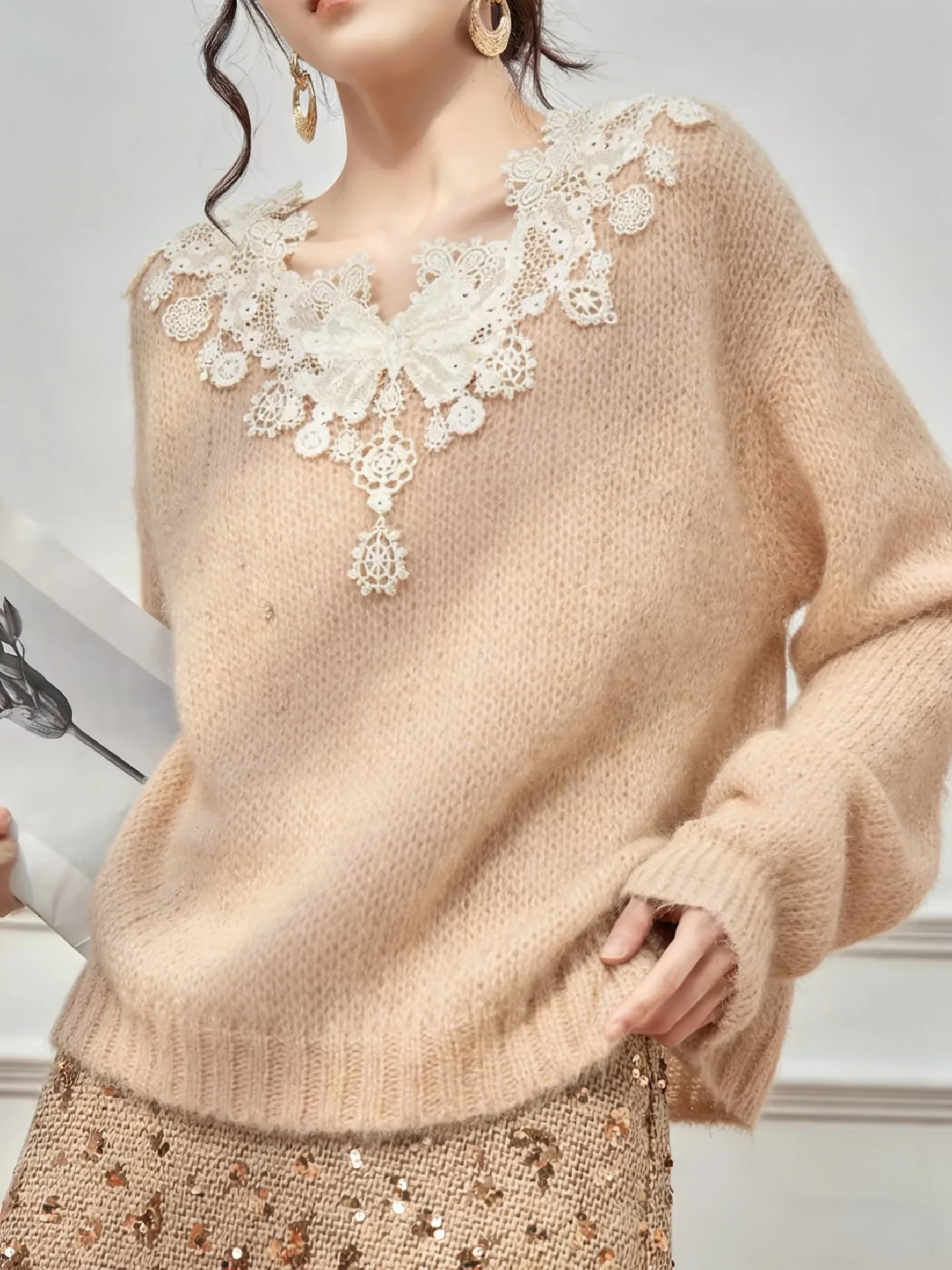 

Stunning Lace Splicing Beige Knitted Sweater Women's Faion Spring Anti-Aging Top Simple Casual Sle V-Ne Long Sve