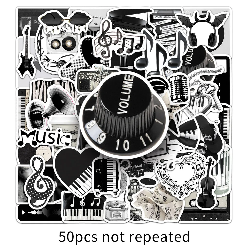 50-Pcs Black & White Music INS-Style Stickers Creative Decals for Phone Cases, Journals & Musical Instruments